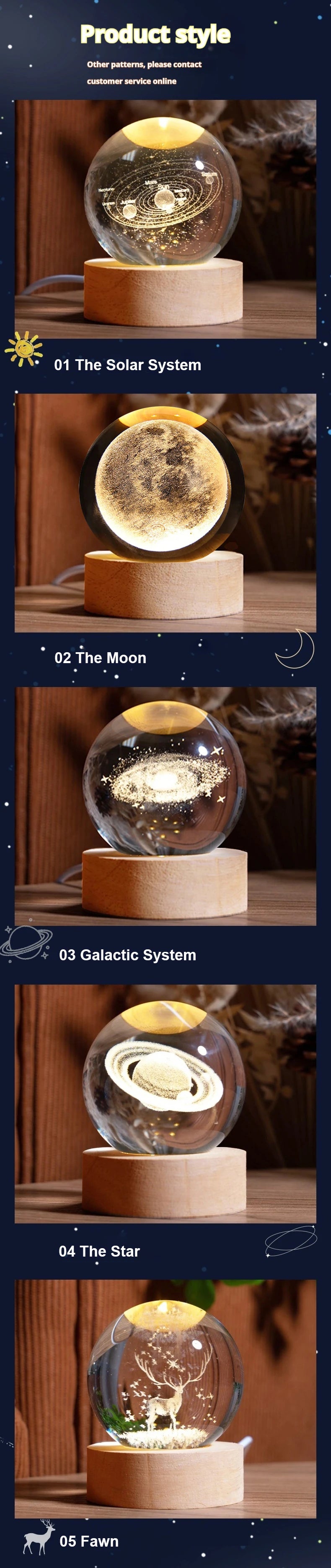 Boule en Cristal LED 6 cm - Décoration Lune, Galaxie et Planètes