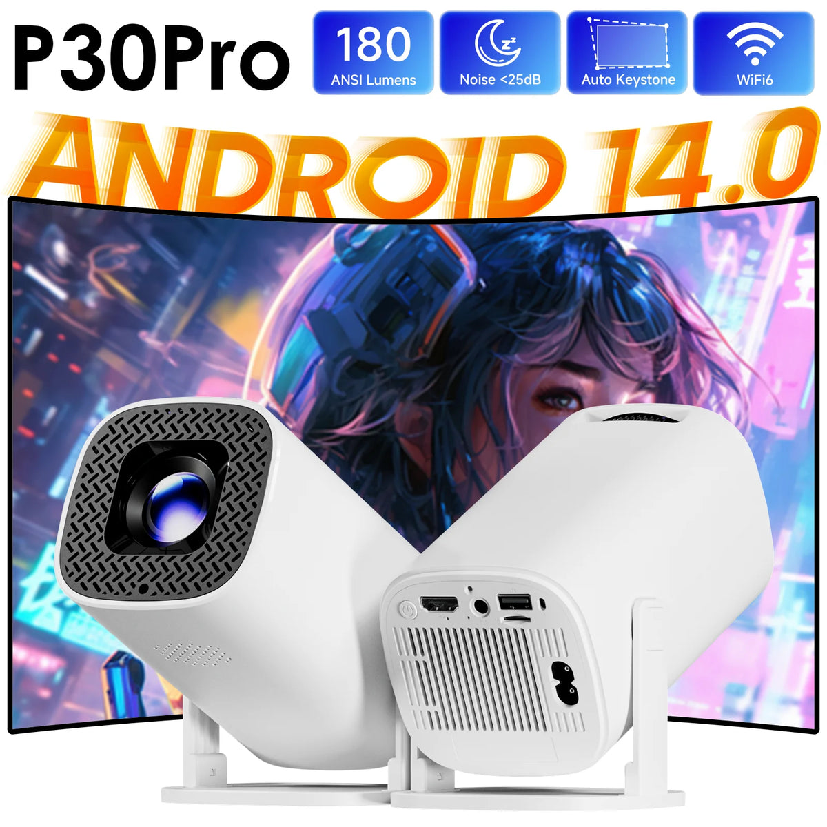 Mini Projecteur Connecté P30PRO - Android 14, Wi-Fi 6 et Bluetooth 5.0