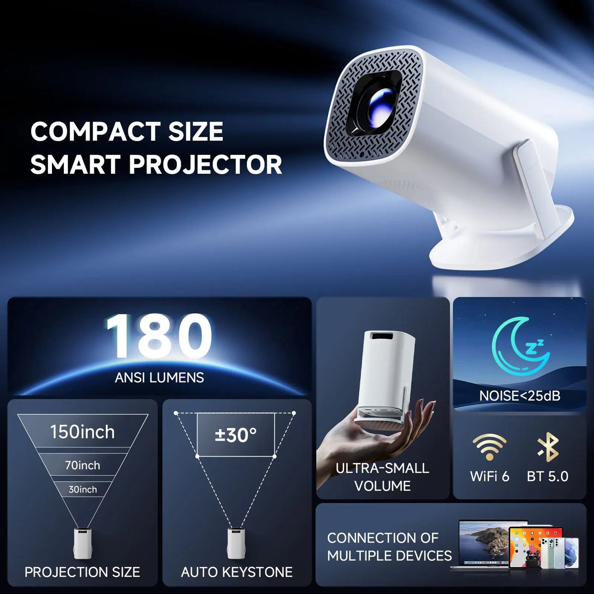 Mini Projecteur Connecté P30PRO - Android 14, Wi-Fi 6 et Bluetooth 5.0