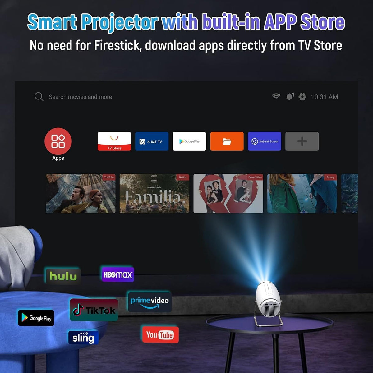 Vidéoprojecteur 4K Mini Projecteur Portable Wifi 6 BT 5.4, Projecteur Video Avec Auto Keystone, 130 Pouces, 180° Rotation Compatible Avec HDMI/TV Stick/Usb/Ps5 [App Intégrée]