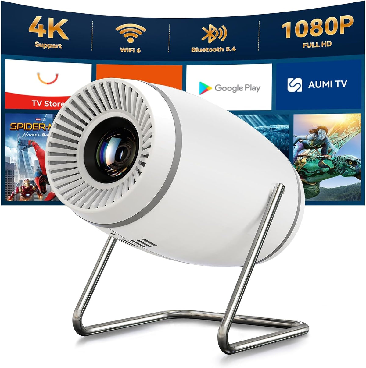 Vidéoprojecteur 4K Mini Projecteur Portable Wifi 6 BT 5.4, Projecteur Video Avec Auto Keystone, 130 Pouces, 180° Rotation Compatible Avec HDMI/TV Stick/Usb/Ps5 [App Intégrée]