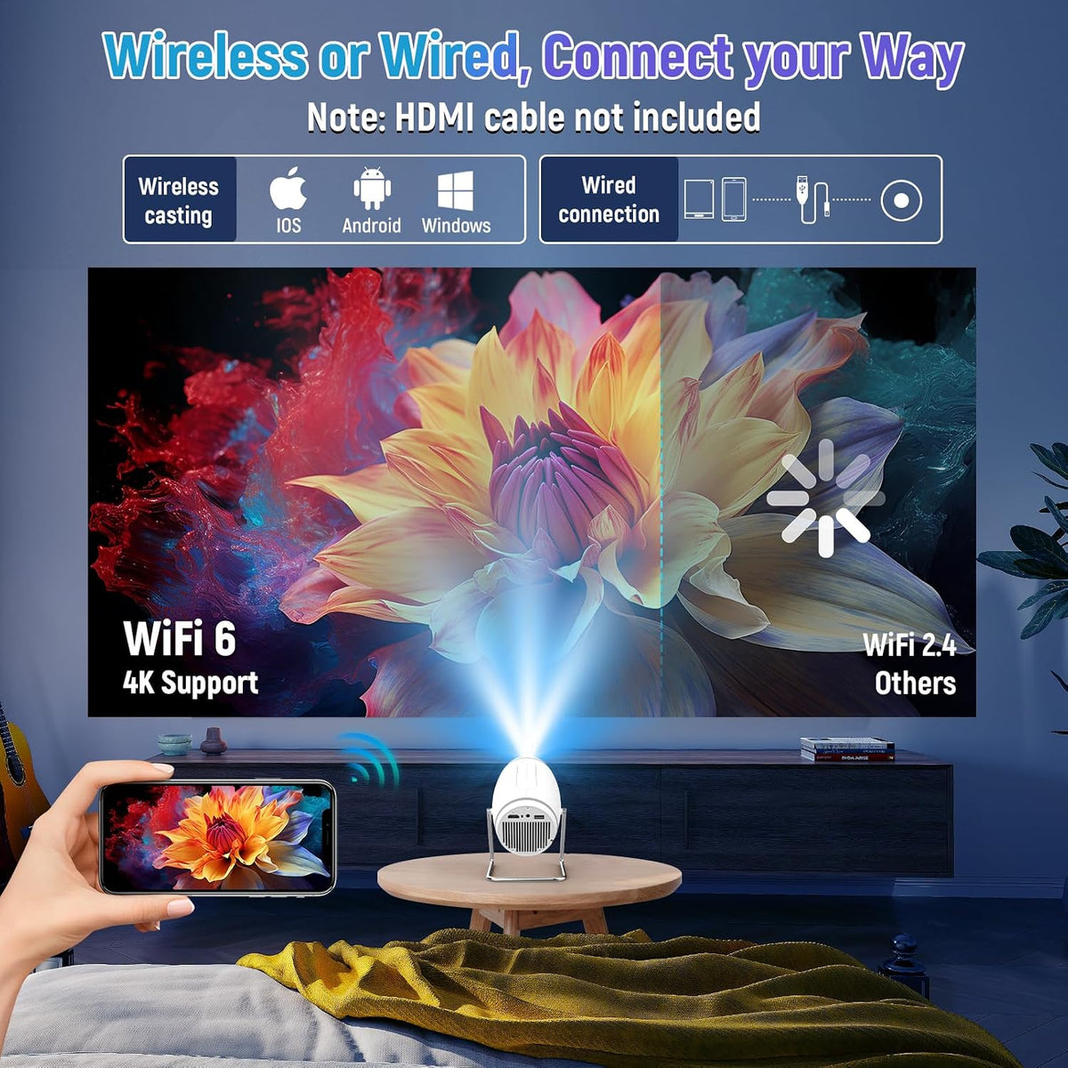 Vidéoprojecteur 4K Mini Projecteur Portable Wifi 6 BT 5.4, Projecteur Video Avec Auto Keystone, 130 Pouces, 180° Rotation Compatible Avec HDMI/TV Stick/Usb/Ps5 [App Intégrée]