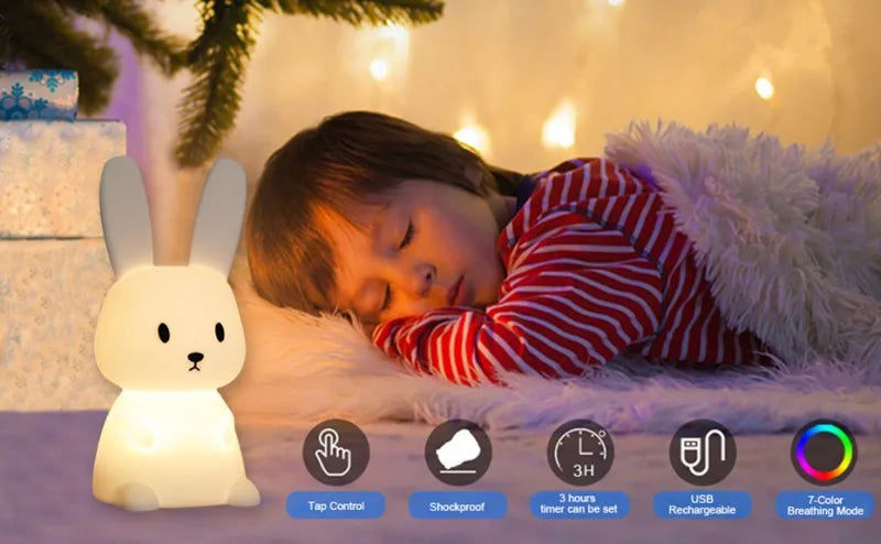 Veilleuse Lapin en Silicone - Lampe Tactile Rechargeable 7 Couleurs