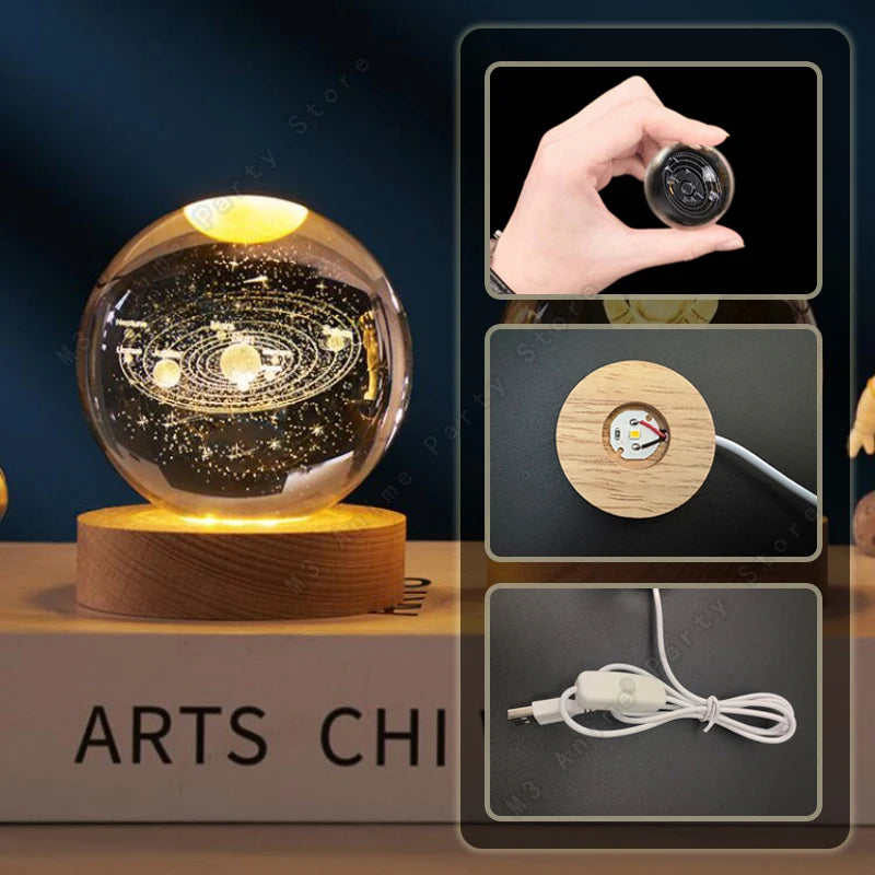 Veilleuse boule de cristal 3D gravée laser sur socle en bois – photo 3
