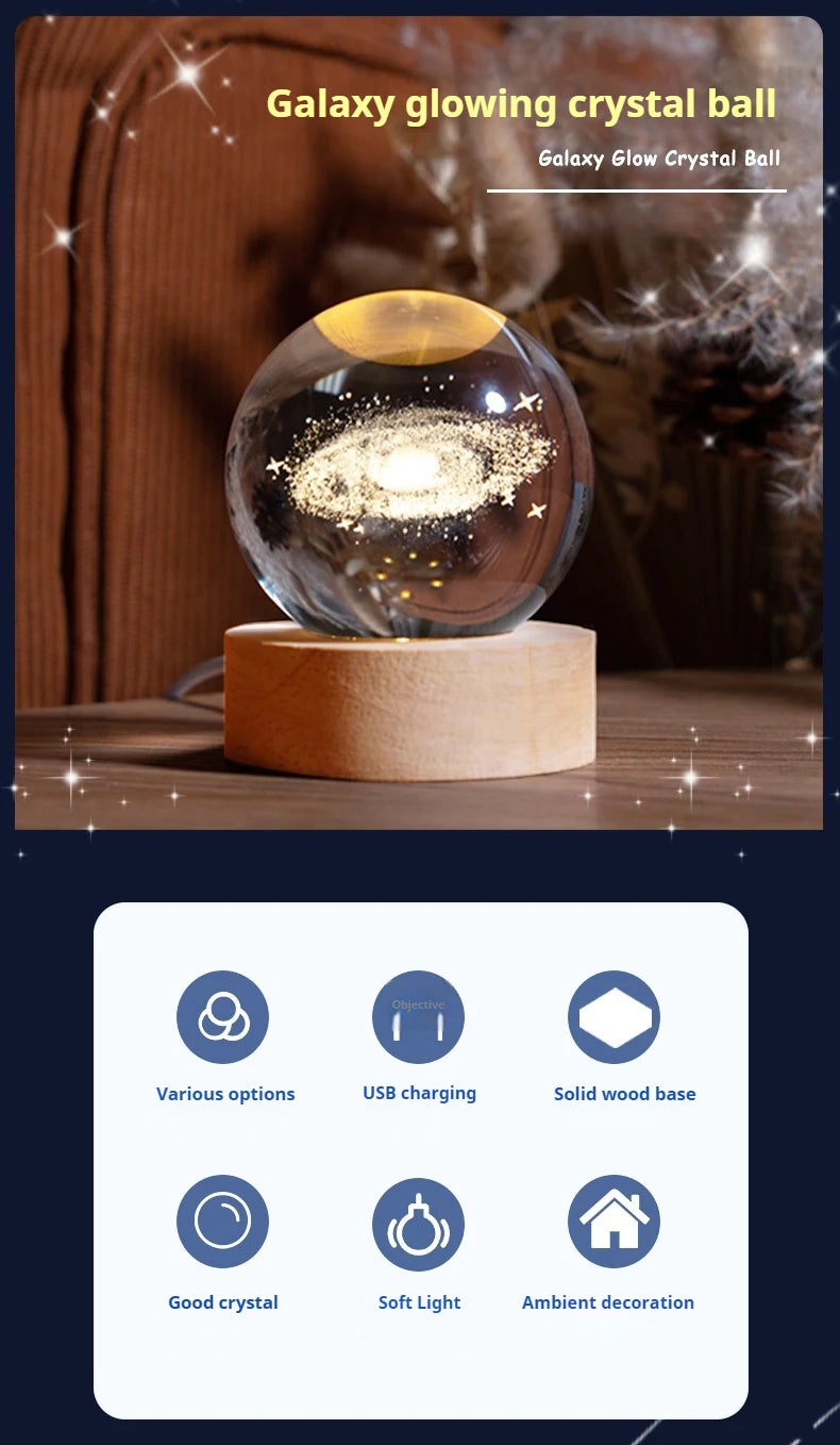Boule en Cristal LED 6 cm - Décoration Lune, Galaxie et Planètes