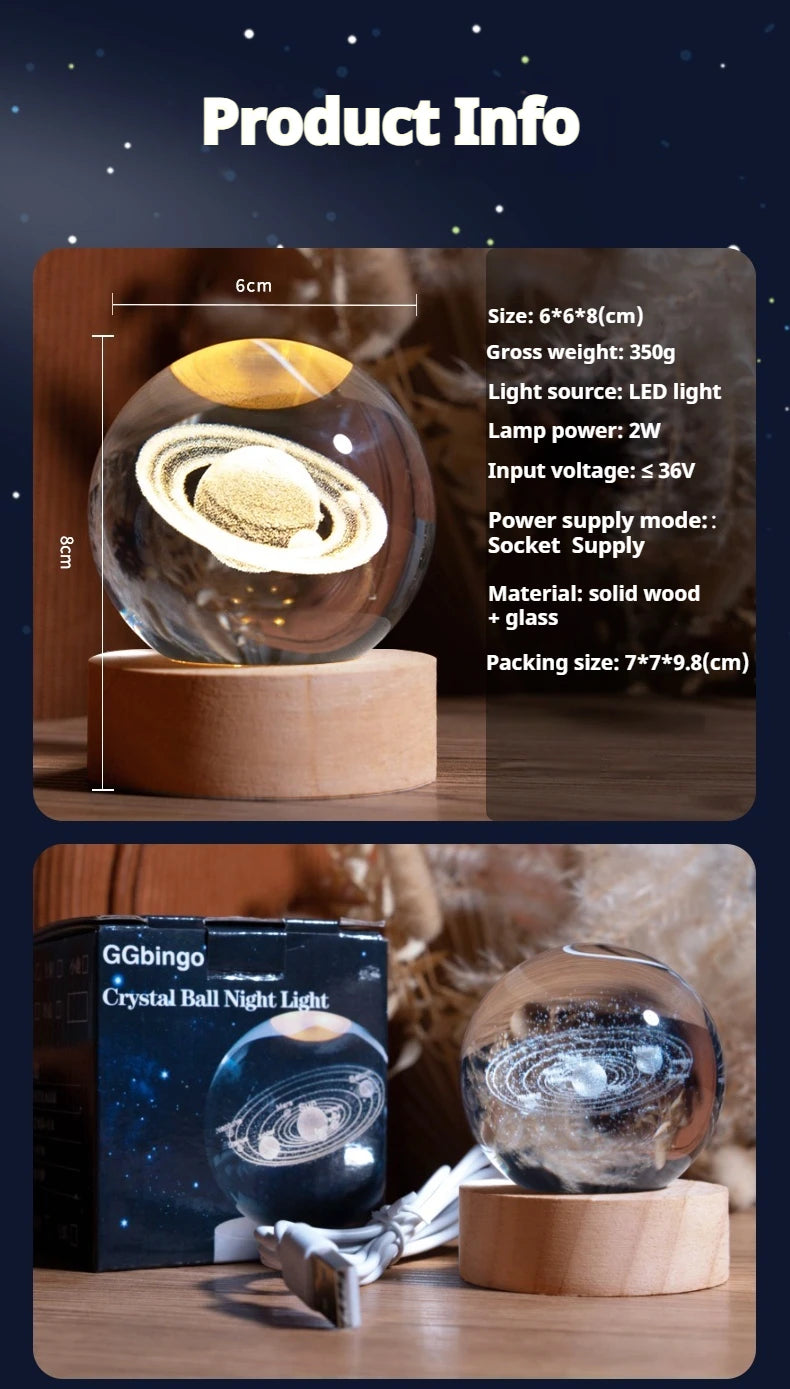 Boule en Cristal LED 6 cm - Décoration Lune, Galaxie et Planètes