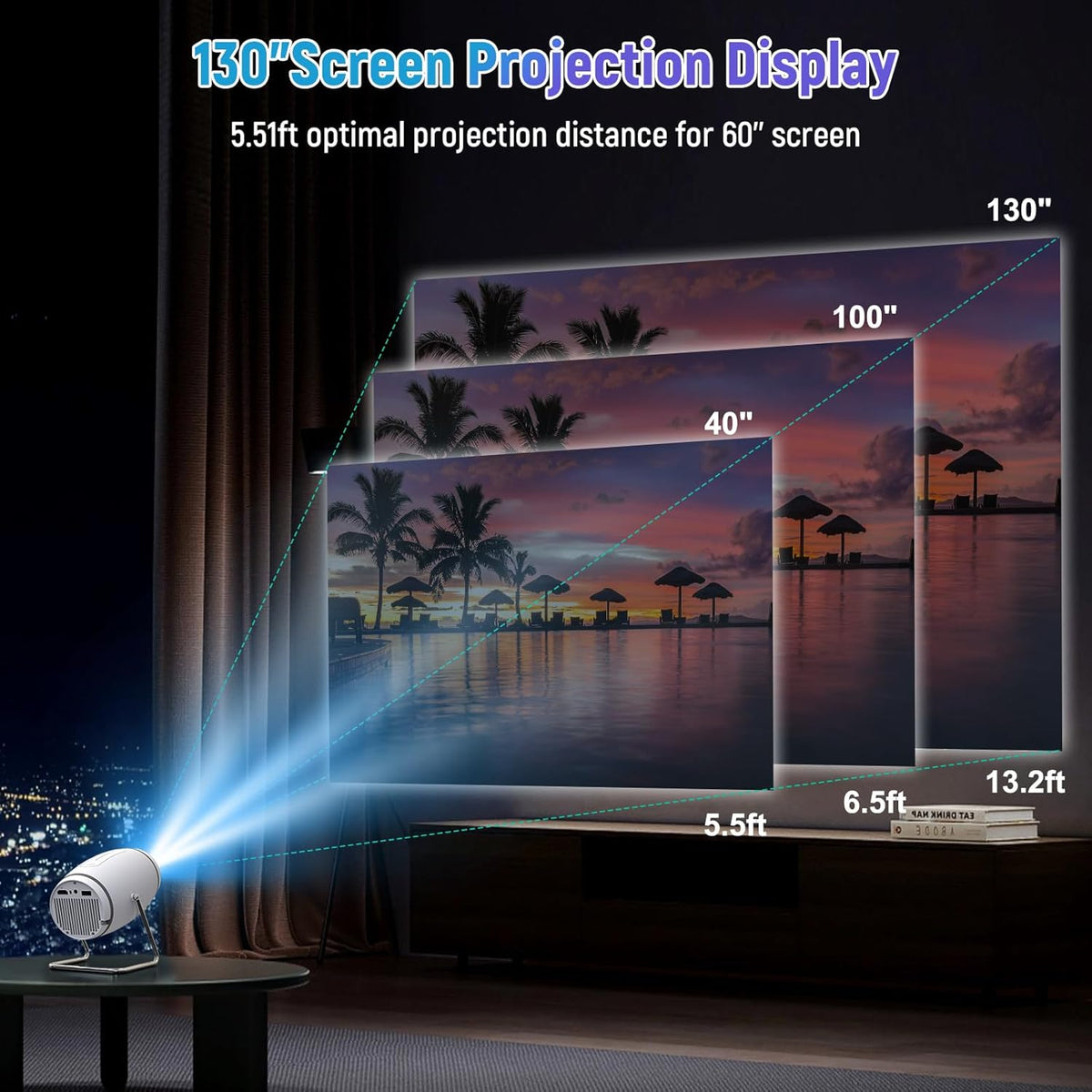 Vidéoprojecteur 4K Mini Projecteur Portable Wifi 6 BT 5.4, Projecteur Video Avec Auto Keystone, 130 Pouces, 180° Rotation Compatible Avec HDMI/TV Stick/Usb/Ps5 [App Intégrée]
