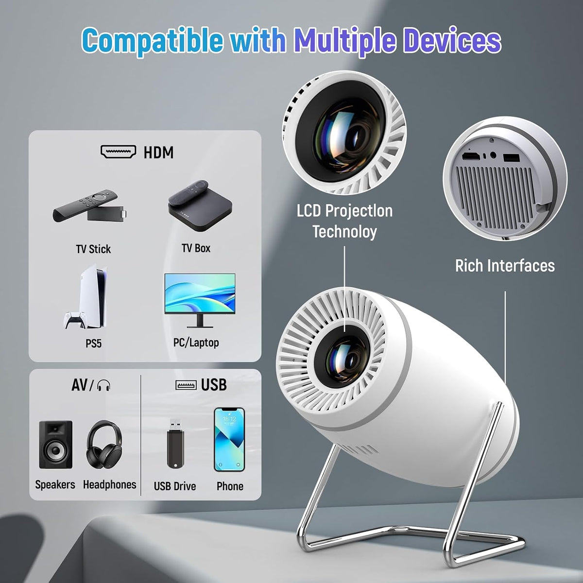 Vidéoprojecteur 4K Mini Projecteur Portable Wifi 6 BT 5.4, Projecteur Video Avec Auto Keystone, 130 Pouces, 180° Rotation Compatible Avec HDMI/TV Stick/Usb/Ps5 [App Intégrée]